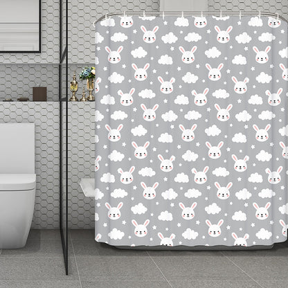 Rabbit And Cloud Pattern Print Polyester Shower Curtain