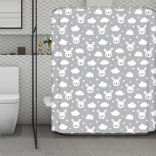 Rabbit And Cloud Pattern Print Polyester Shower Curtain