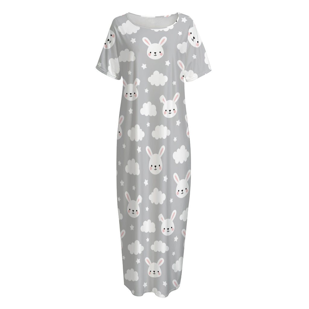 Rabbit And Cloud Pattern Print Short Sleeve Long Nightdress