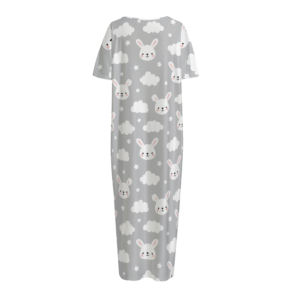 Rabbit And Cloud Pattern Print Short Sleeve Long Nightdress