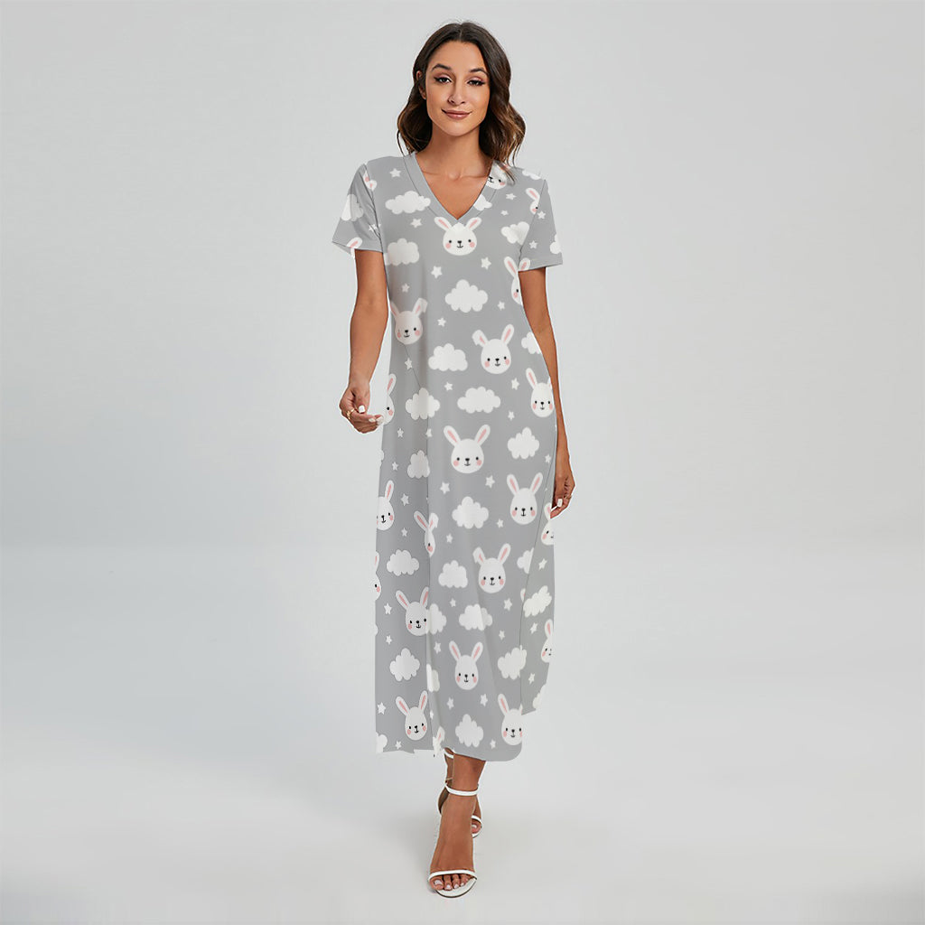 Rabbit And Cloud Pattern Print Short Sleeve Maxi Dress