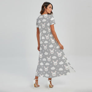 Rabbit And Cloud Pattern Print Short Sleeve Maxi Dress