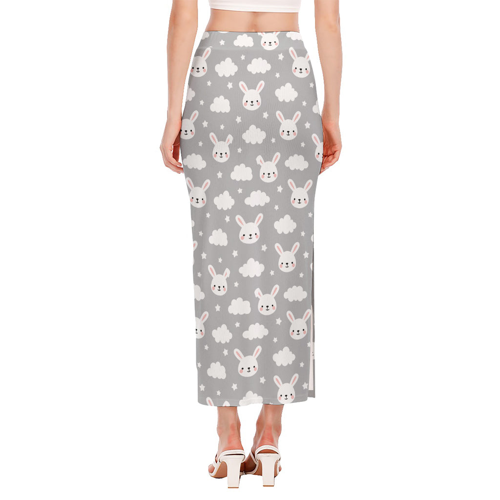 Rabbit And Cloud Pattern Print Side Slit Maxi Skirt