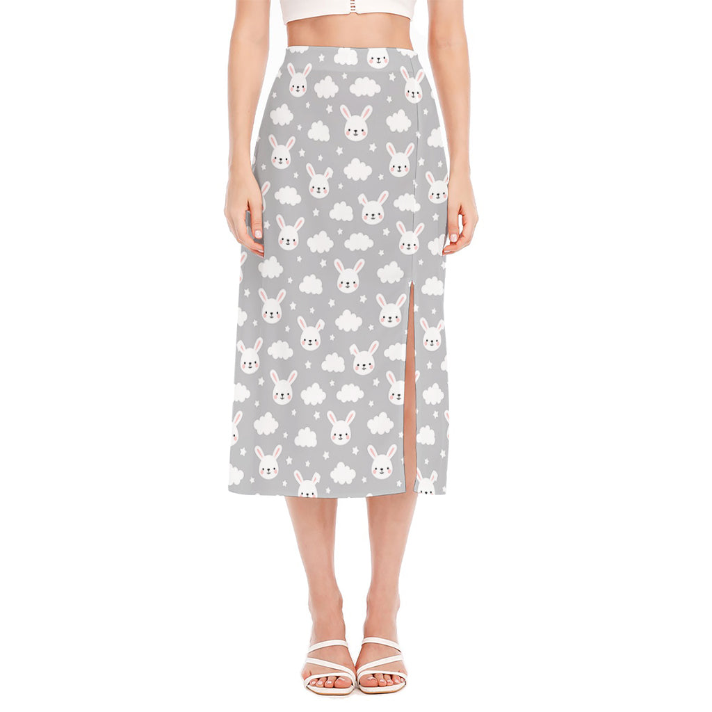 Rabbit And Cloud Pattern Print Side Slit Midi Skirt