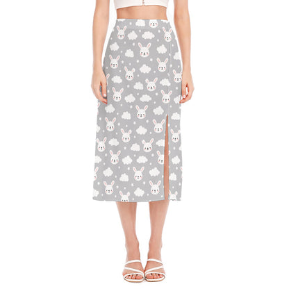 Rabbit And Cloud Pattern Print Side Slit Midi Skirt