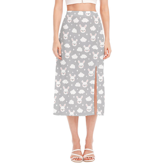 Rabbit And Cloud Pattern Print Side Slit Midi Skirt