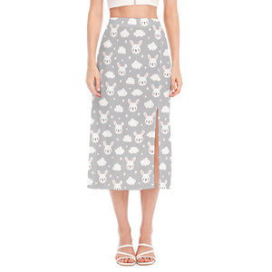 Rabbit And Cloud Pattern Print Side Slit Midi Skirt