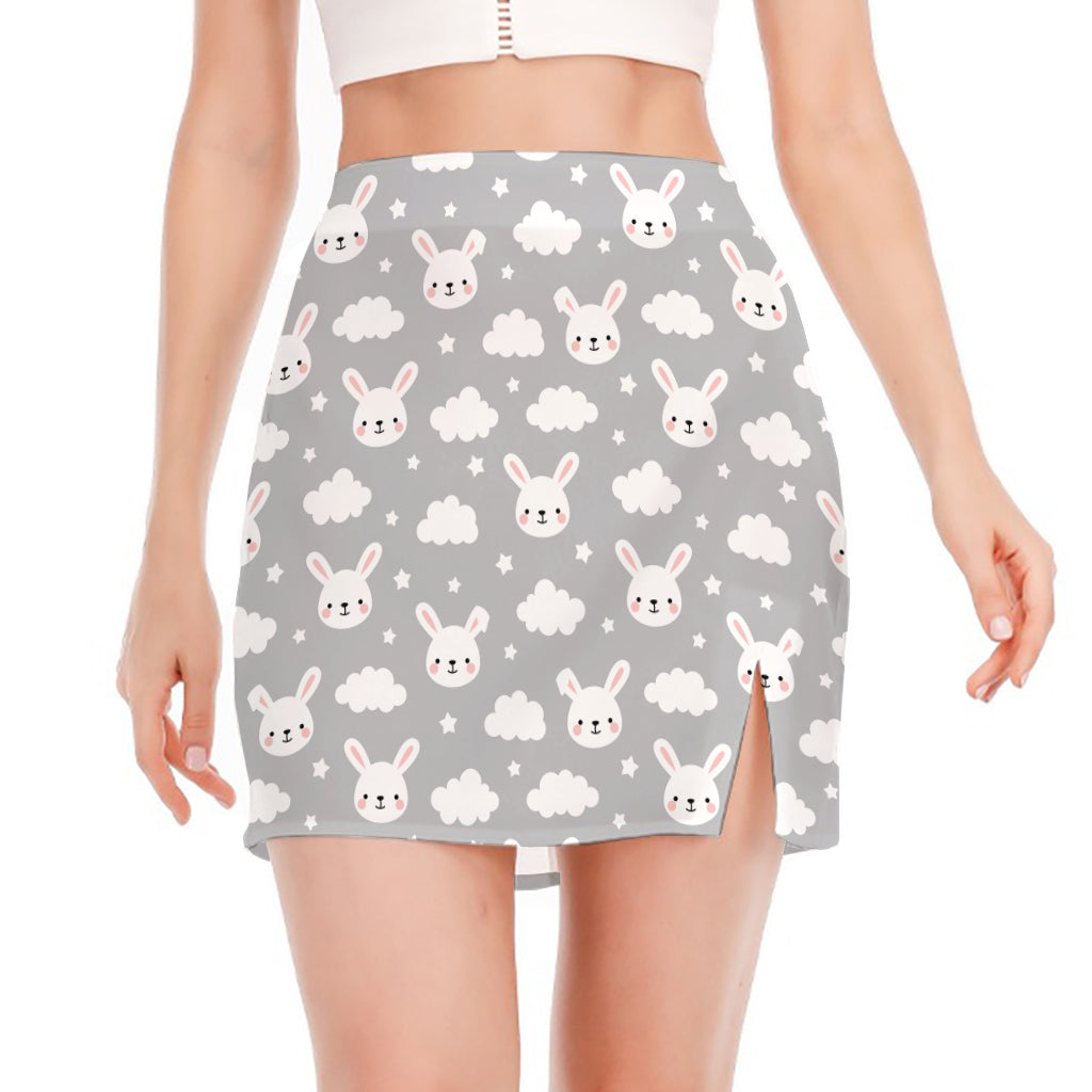 Rabbit And Cloud Pattern Print Side Slit Mini Skirt