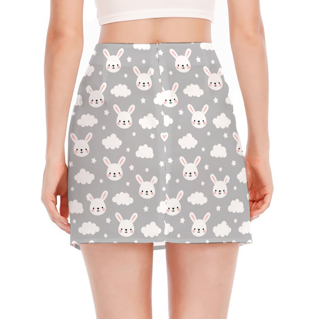 Rabbit And Cloud Pattern Print Side Slit Mini Skirt