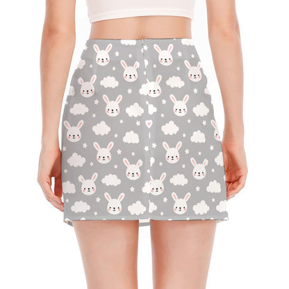 Rabbit And Cloud Pattern Print Side Slit Mini Skirt