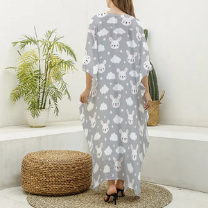 Rabbit And Cloud Pattern Print Silk V-Neck Kaftan Dress