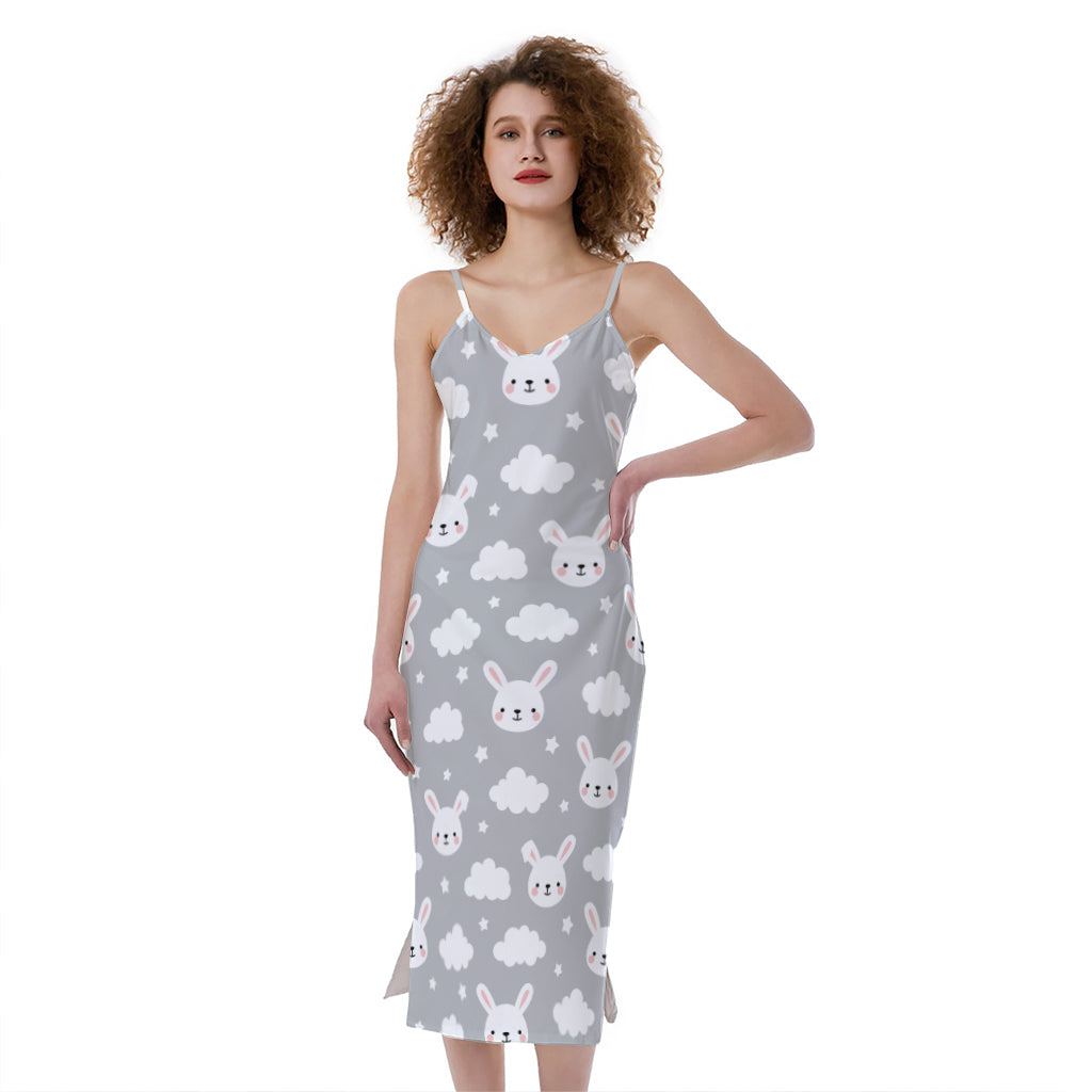 Rabbit And Cloud Pattern Print Slim Fit Midi Cami Dress