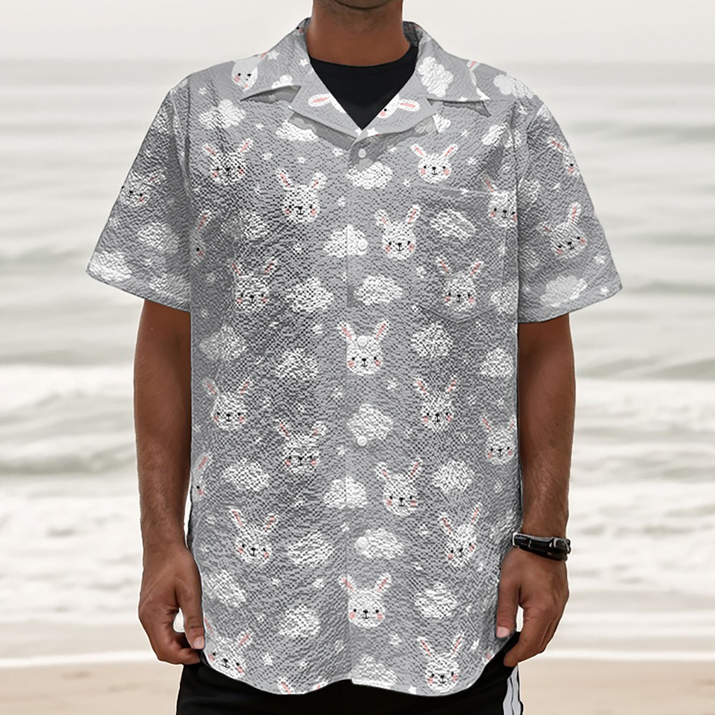 Rabbit And Cloud Pattern Print Textured Short Sleeve Shirt