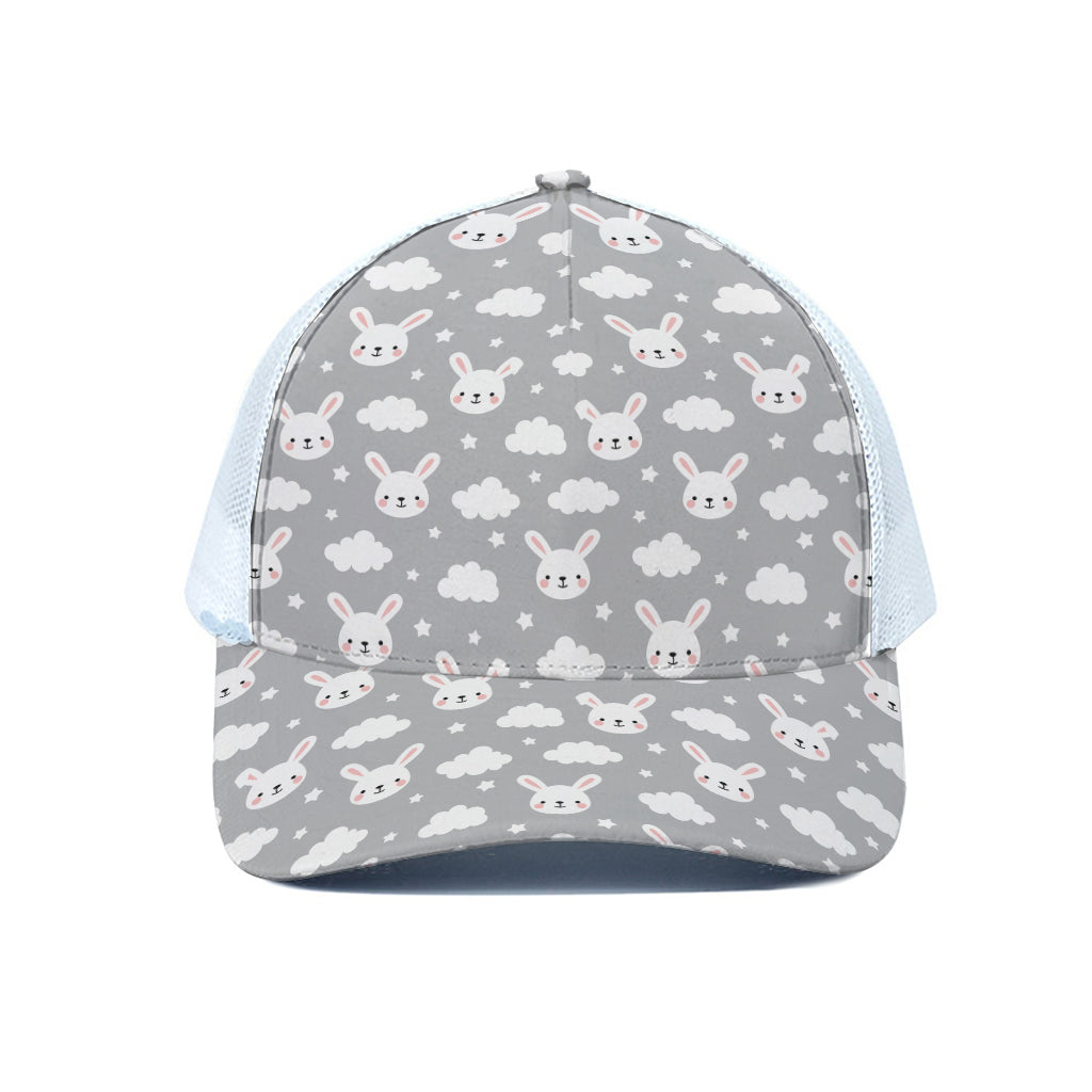 Rabbit And Cloud Pattern Print White Mesh Trucker Cap