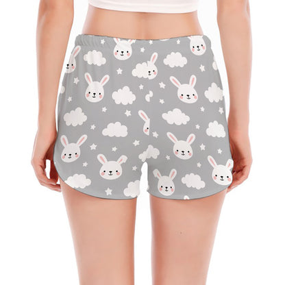 Rabbit And Cloud Pattern Print Women's Split Running Shorts
