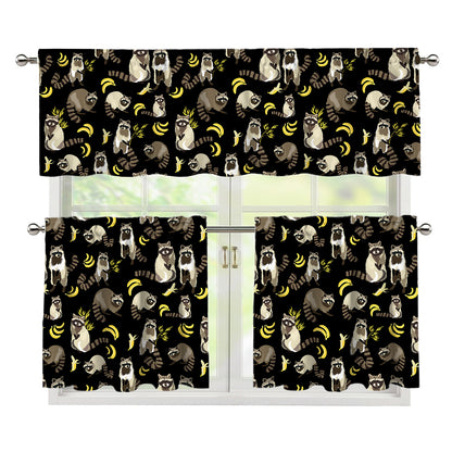 Raccoon And Banana Pattern Print 3 Piece Kitchen Curtains