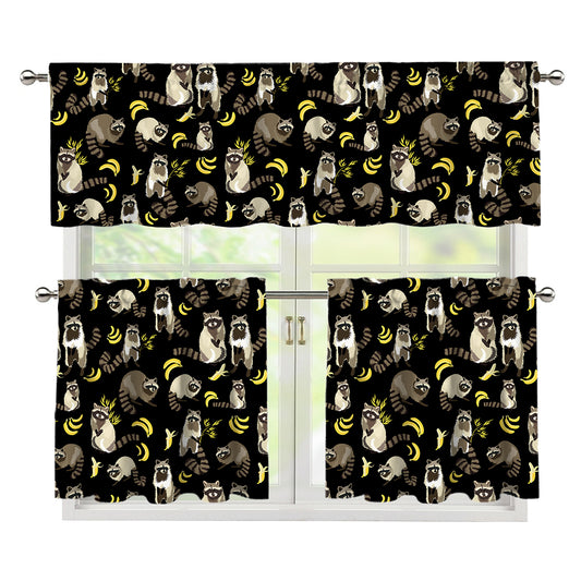 Raccoon And Banana Pattern Print 3 Piece Kitchen Curtains