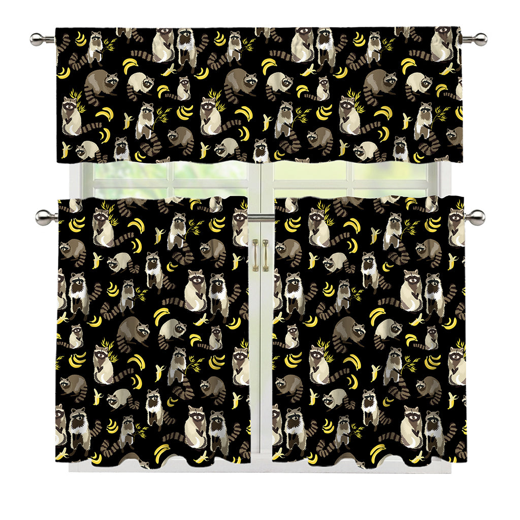 Raccoon And Banana Pattern Print 3 Piece Kitchen Curtains