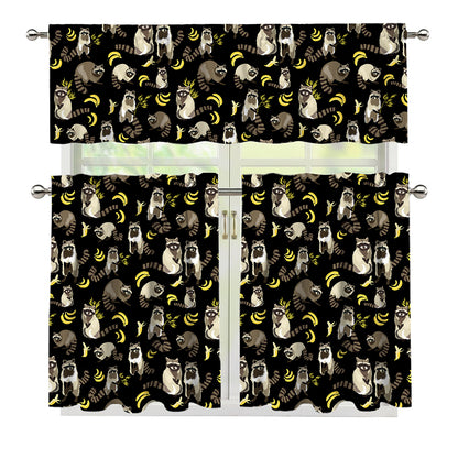 Raccoon And Banana Pattern Print 3 Piece Kitchen Curtains