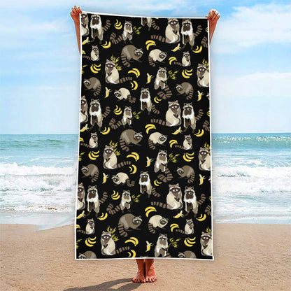 Raccoon And Banana Pattern Print Beach Towel