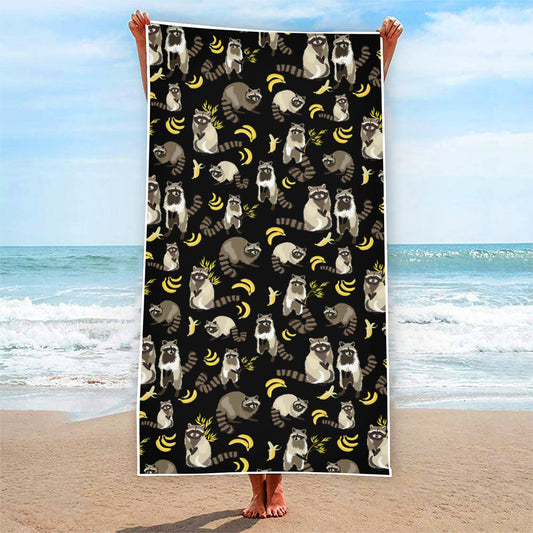 Raccoon And Banana Pattern Print Beach Towel