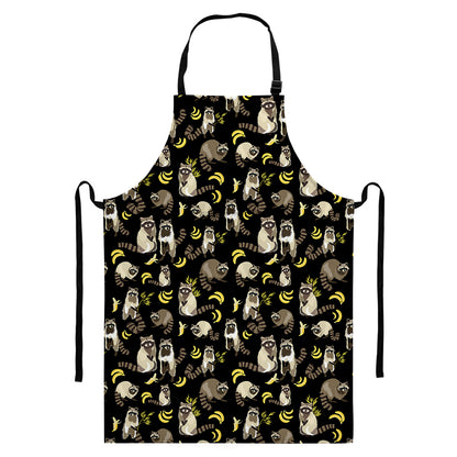 Raccoon And Banana Pattern Print Bib Apron With Pocket