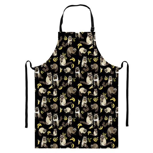 Raccoon And Banana Pattern Print Bib Apron With Pocket