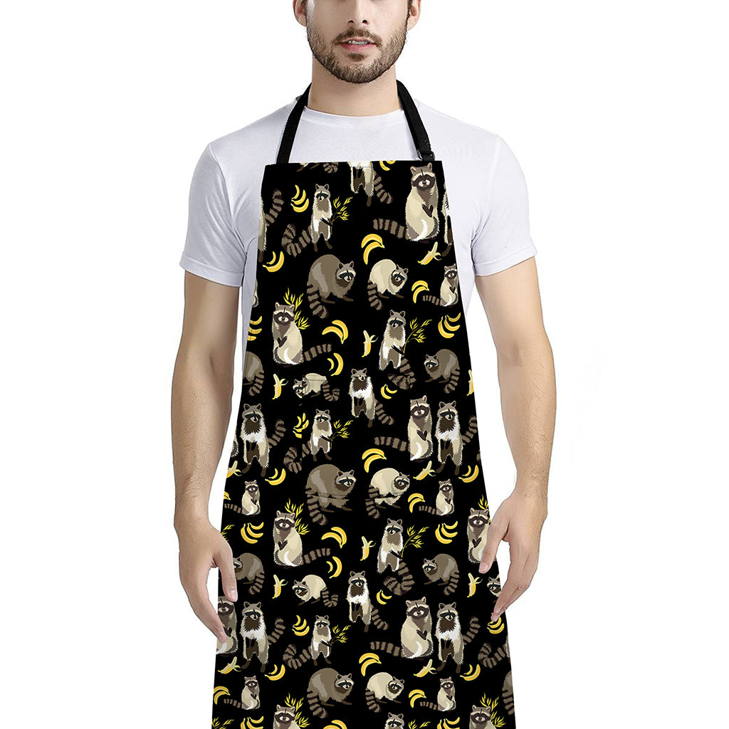 Raccoon And Banana Pattern Print Bib Apron With Pocket