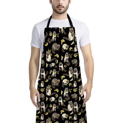 Raccoon And Banana Pattern Print Bib Apron With Pocket