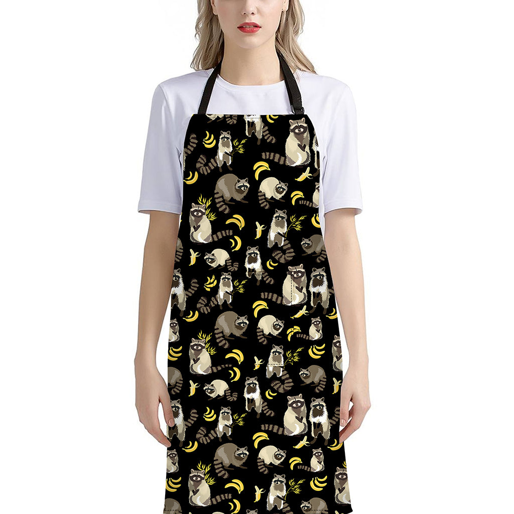 Raccoon And Banana Pattern Print Bib Apron With Pocket