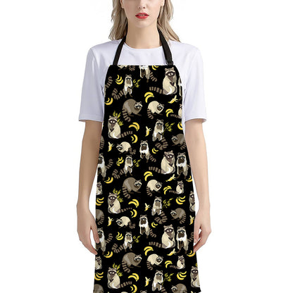 Raccoon And Banana Pattern Print Bib Apron With Pocket