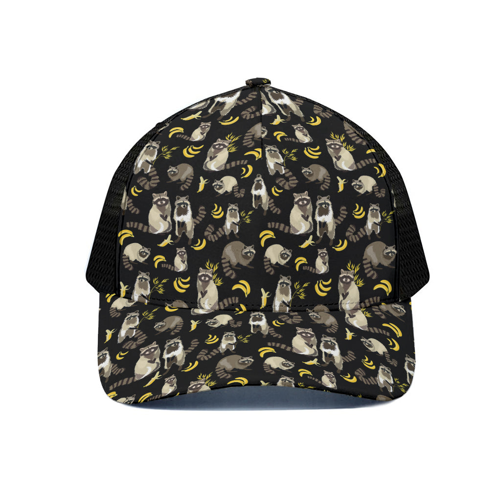 Raccoon And Banana Pattern Print Black Mesh Trucker Cap