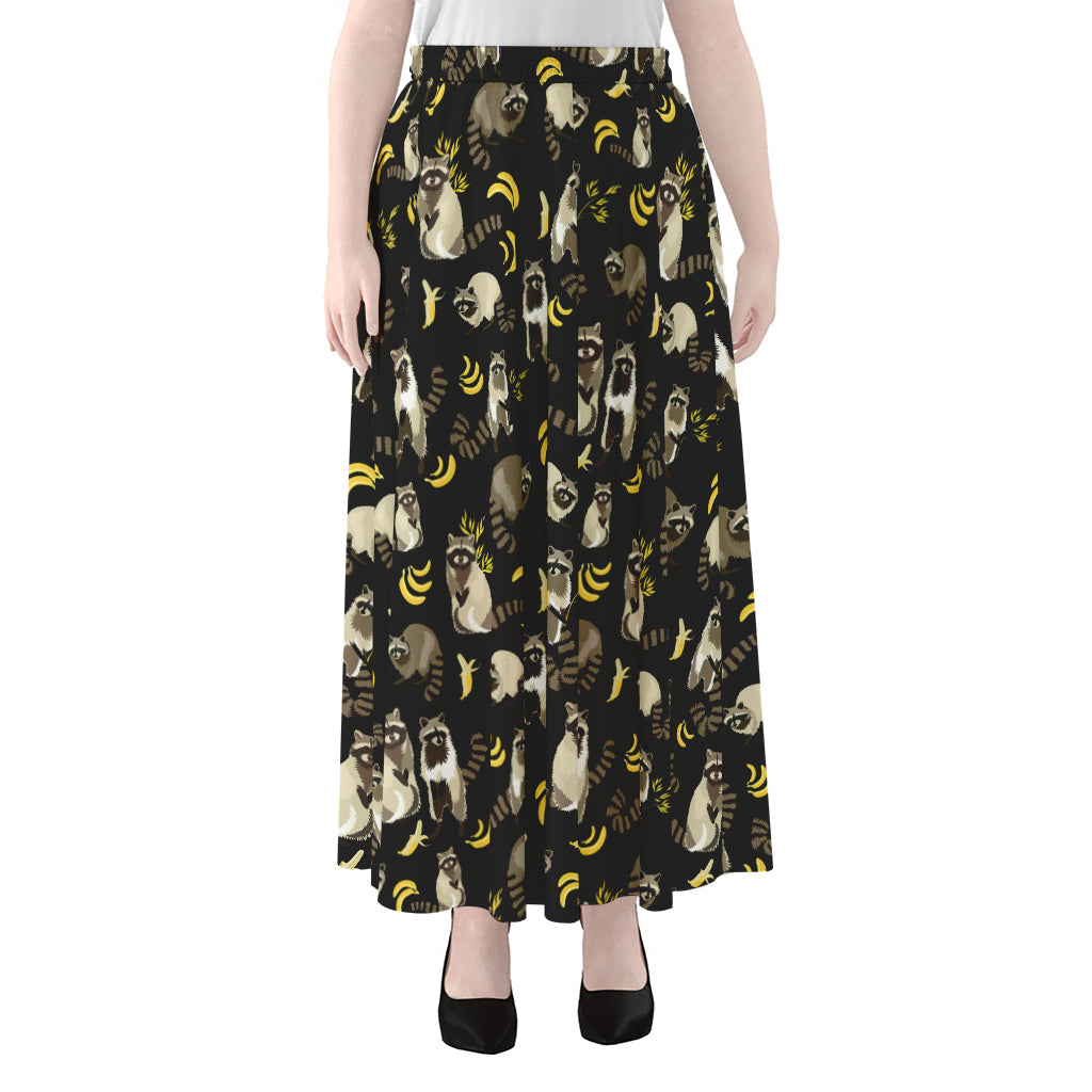 Raccoon And Banana Pattern Print Chiffon Maxi Skirt