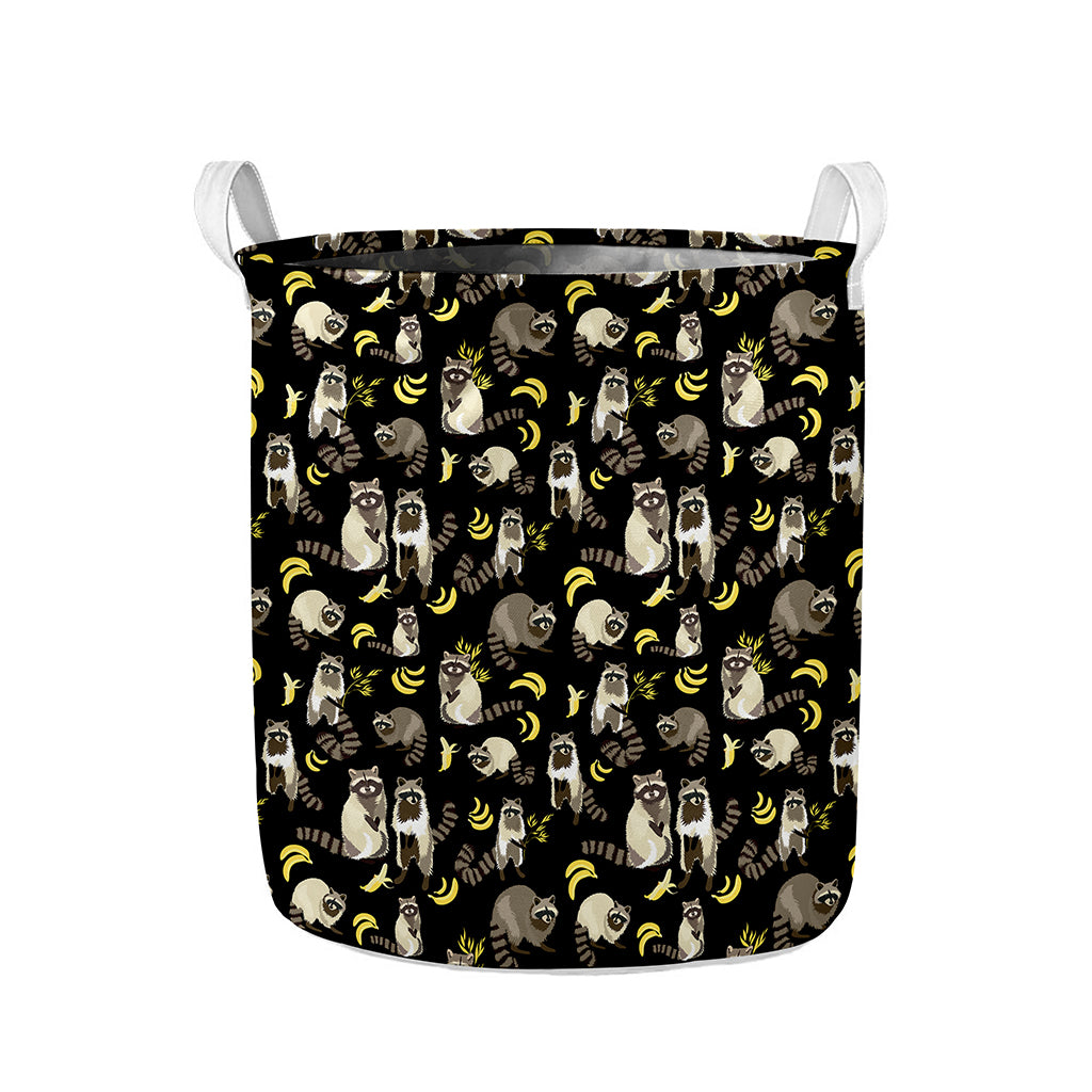 Raccoon And Banana Pattern Print Collapsible Laundry Basket