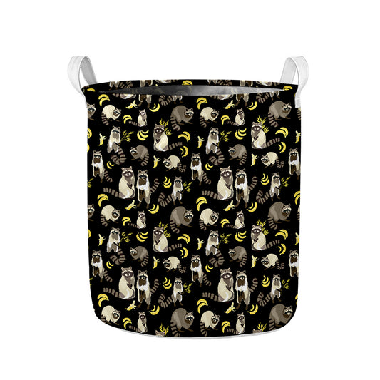 Raccoon And Banana Pattern Print Collapsible Laundry Basket