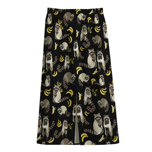 Raccoon And Banana Pattern Print Cotton Front Slit Maxi Skirt