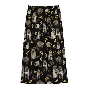 Raccoon And Banana Pattern Print Cotton Front Slit Maxi Skirt