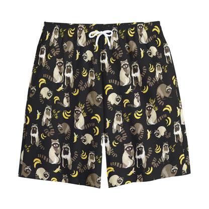 Raccoon And Banana Pattern Print Cotton Shorts