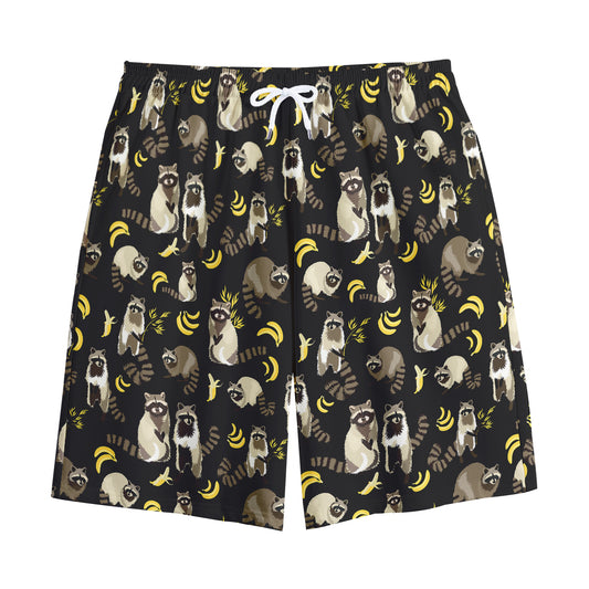 Raccoon And Banana Pattern Print Cotton Shorts