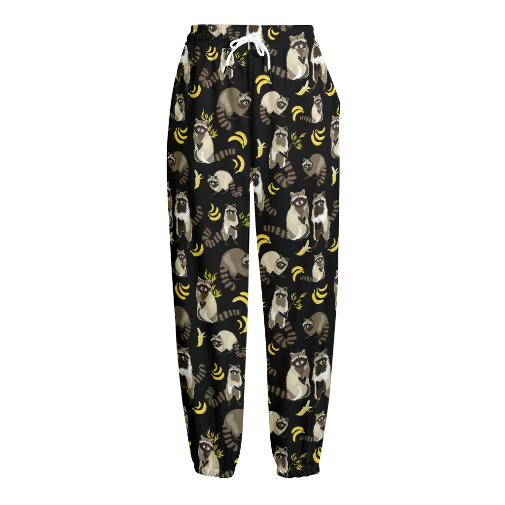 Raccoon And Banana Pattern Print Fleece Lined Knit Pants