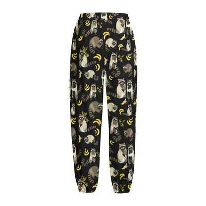 Raccoon And Banana Pattern Print Fleece Lined Knit Pants