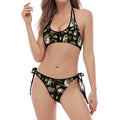 Raccoon And Banana Pattern Print Halter Scoop Tie Side Bikini