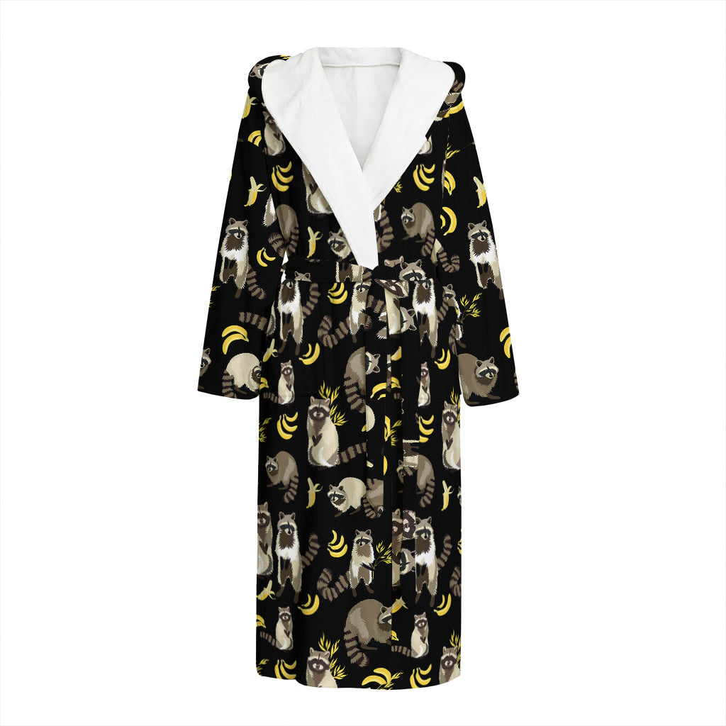 Raccoon And Banana Pattern Print Hooded Bathrobe