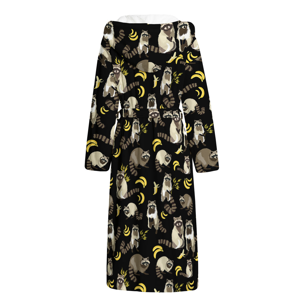 Raccoon And Banana Pattern Print Hooded Bathrobe