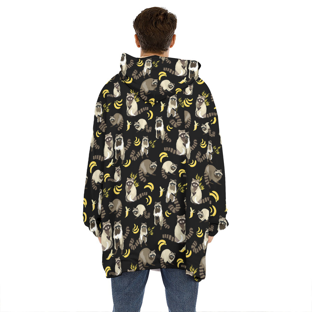 Raccoon And Banana Pattern Print Hoodie Blanket