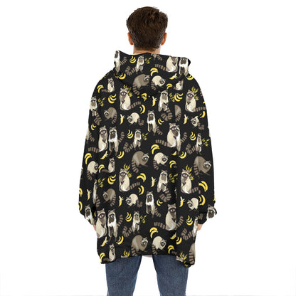 Raccoon And Banana Pattern Print Hoodie Blanket