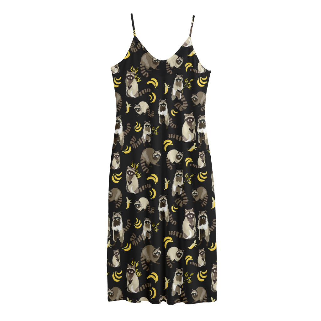 Raccoon And Banana Pattern Print Jersey Midi Cami Dress