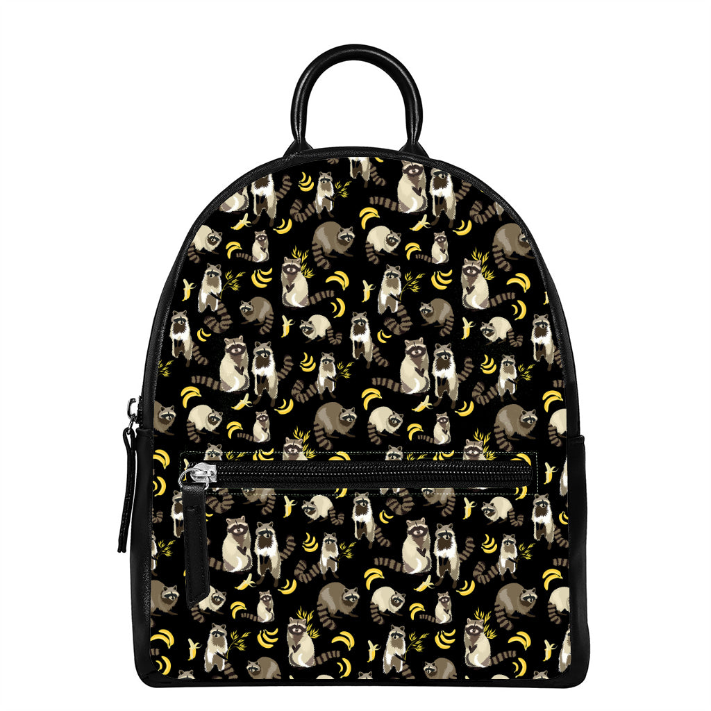 Raccoon And Banana Pattern Print Leather Backpack