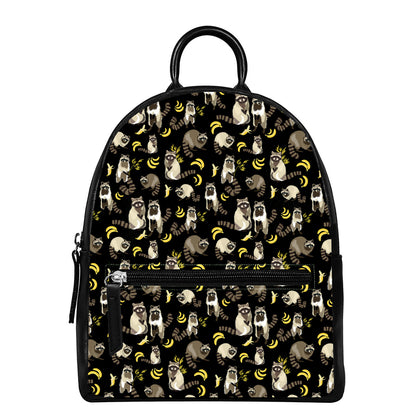 Raccoon And Banana Pattern Print Leather Backpack