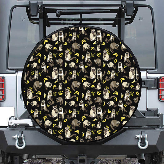 Raccoon And Banana Pattern Print Leather Spare Tire Cover